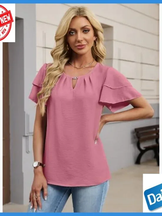 Textured Ruffle Sleeve V-Neck Blouse, Loose Fit Polyester Top for Work Casual - Picture 5 of 7